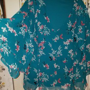 Lane Bryant, turquoise blue and coral, floral blouse, sheer layers, size 26